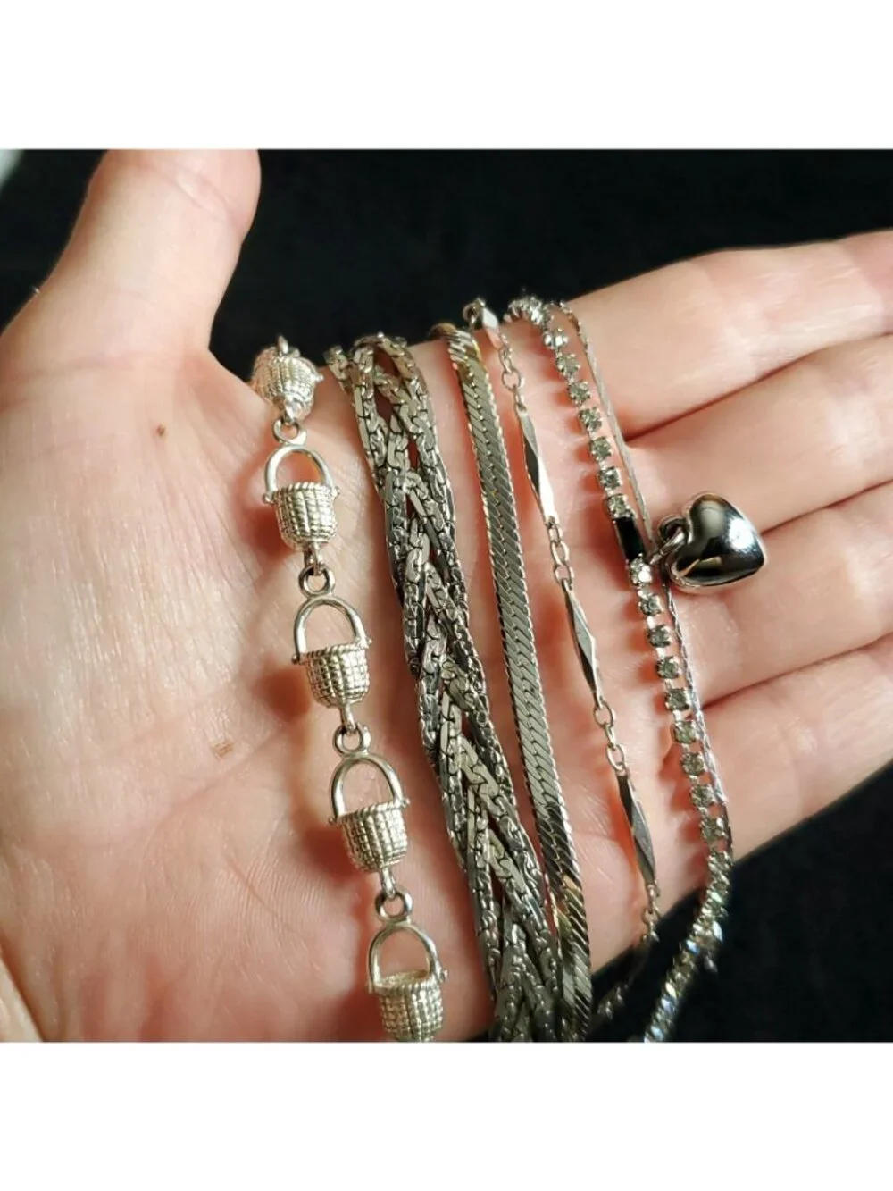 Silver Tone Bracelet Lot of 6 Chain Basket Heart 6.5-7.5
